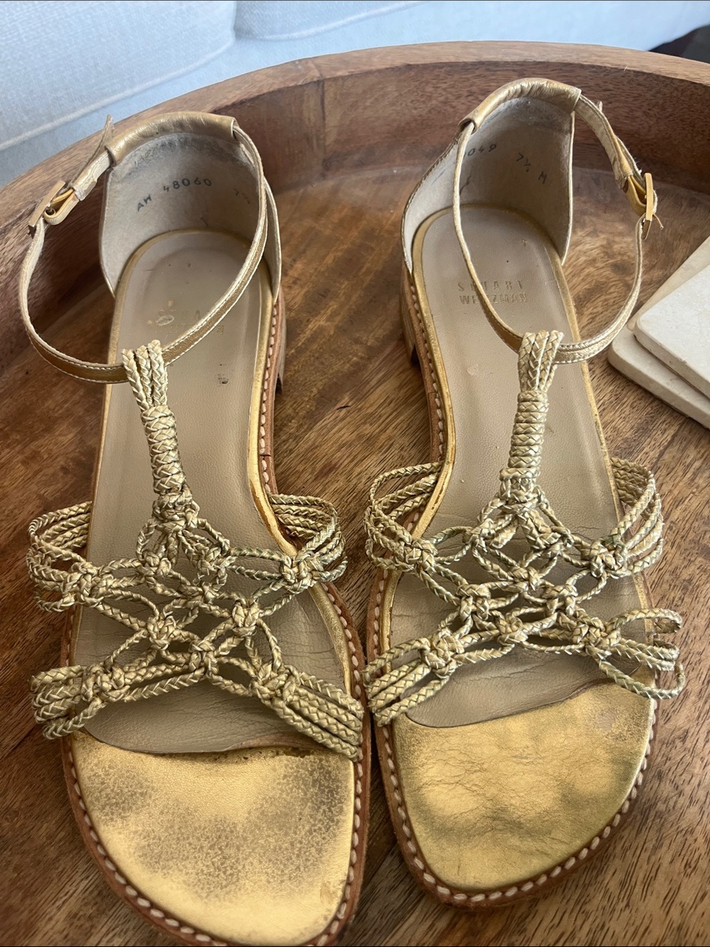 Stuart Weitzman Metallic Gold Braided T-Strap Sandals